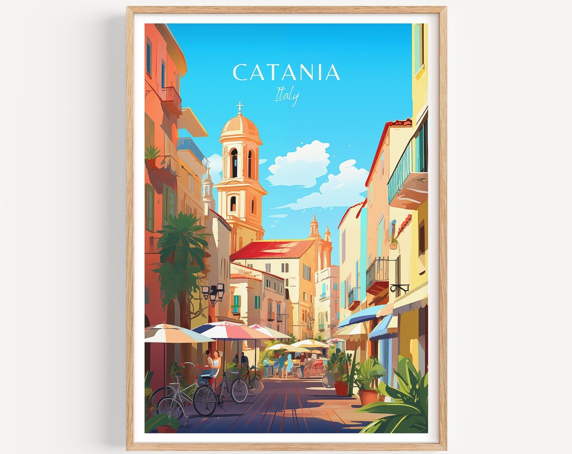 Catania Italy Sunlit Street with Church Bell Tower and Cafes Poster