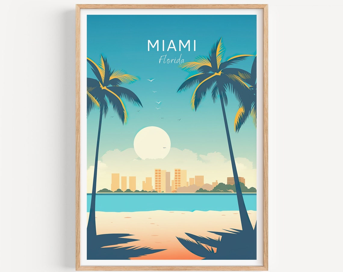 Miami Florida Skyline Over the Bay with Palm Trees Travel Poster