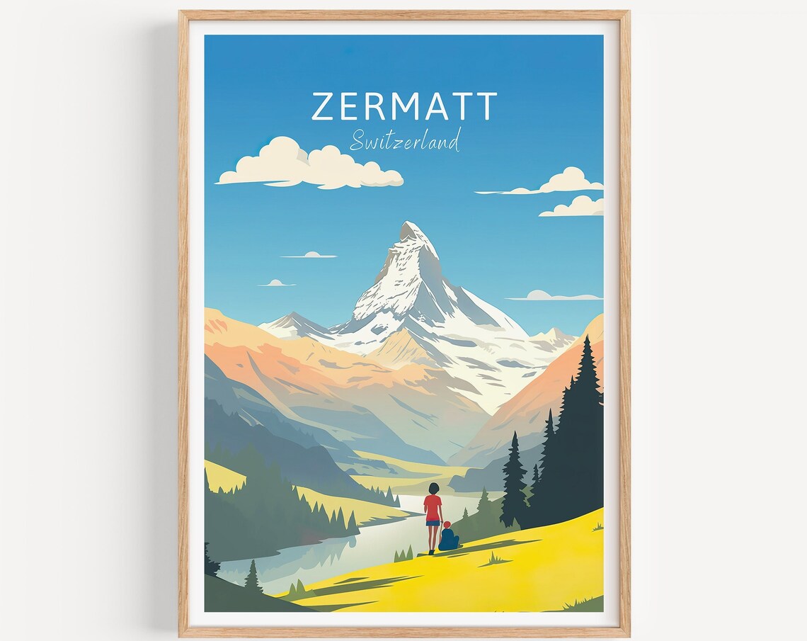 Zermatt Switzerland Poster Matterhorn Peak Alpine Hikers Mountain Art