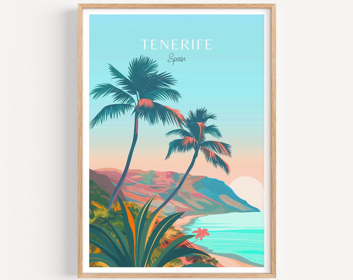 Tenerife Spain Sunset Beach Palm Trees Tropical Coastline Poster