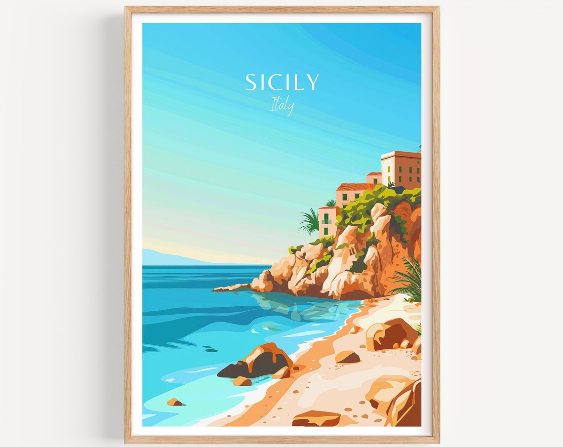 Sicily Italy Rocky Cliff Coast with Beach Houses Travel Poster