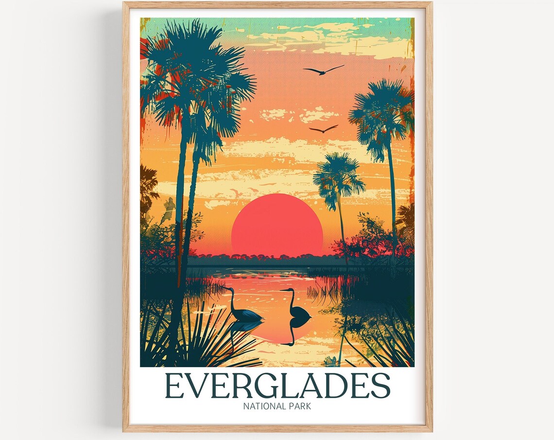 Everglades National Park Palm Trees and Herons at Sunset Poster