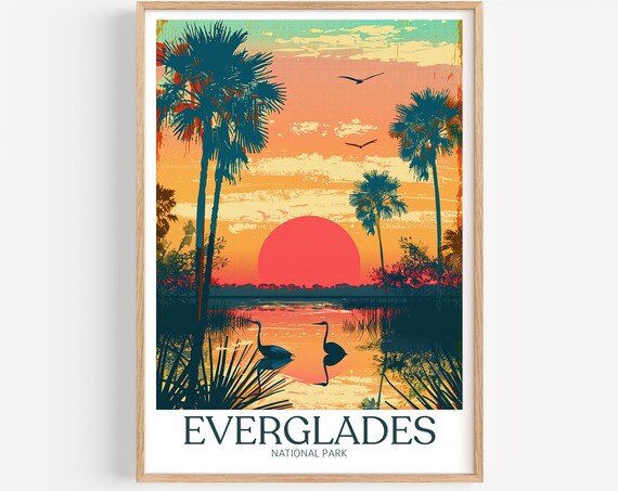 Everglades National Park Palm Trees and Herons at Sunset Poster