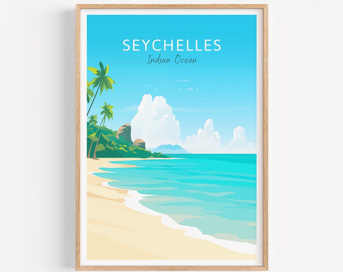Pristine Seychelles Indian Ocean Tropical Beach and Palms Poster
