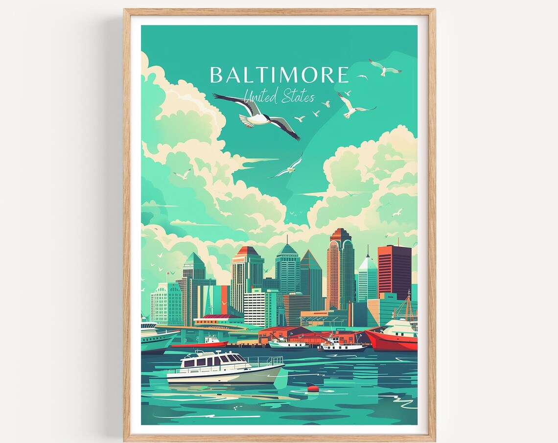 Baltimore United States Skyline with Seagulls and Boats Poster