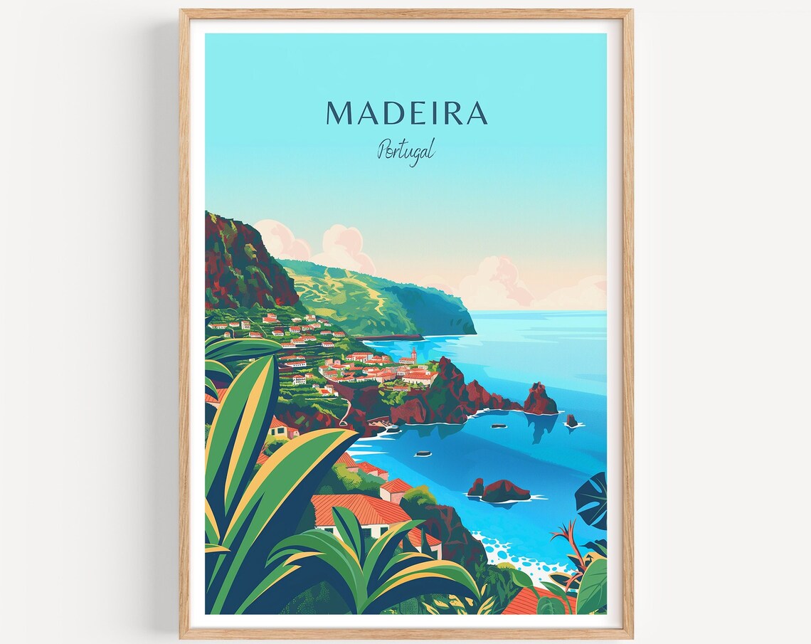 Madeira Portugal Volcanic Cliffs Village Coast Vintage Travel Poster