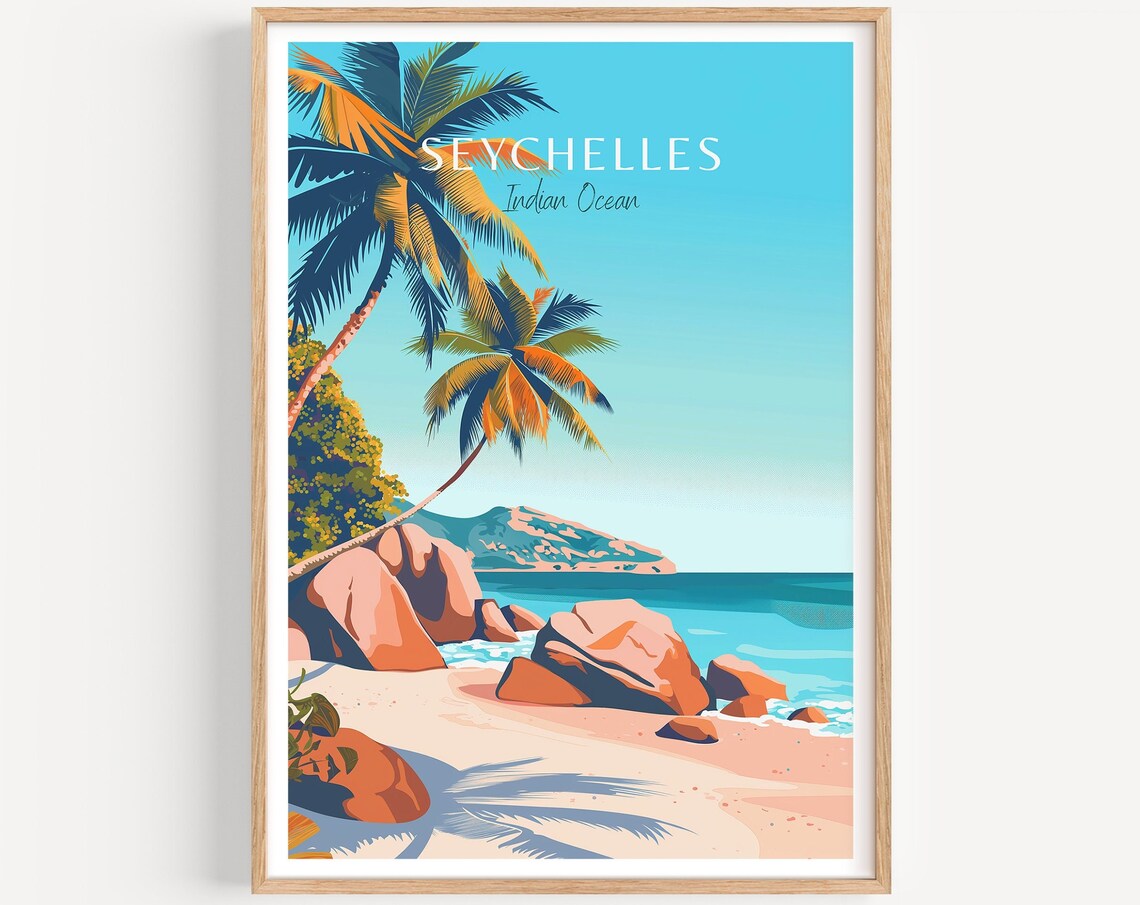Seychelles Travel Poster, Beach Wall Art Print
