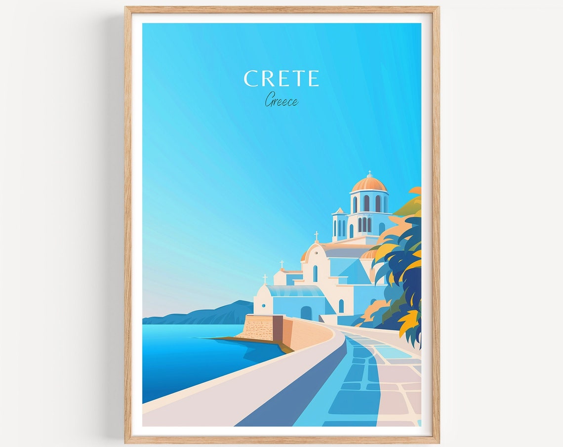 Crete Greece Whitewashed Church by the Blue Sea Travel Poster