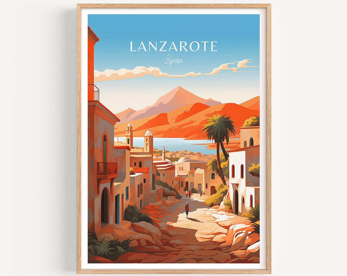 Lanzarote Spain Charming Old Town Street with Volcano Poster