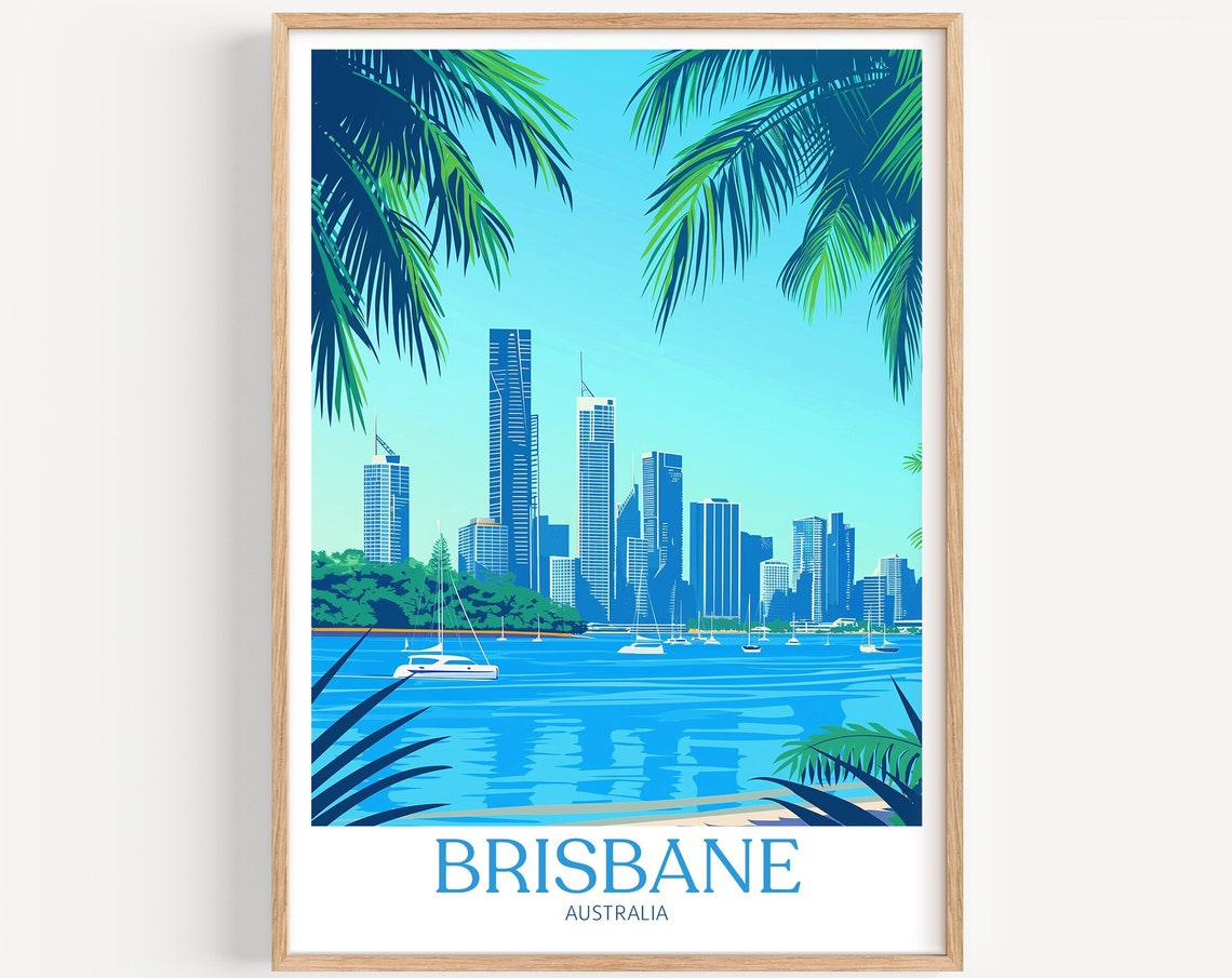Brisbane Australia Skyline over the River with Palm Trees Poster