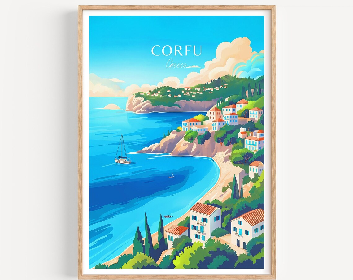Corfu Greece Ionian Blue Coastal Village on a Sparkling Bay Poster