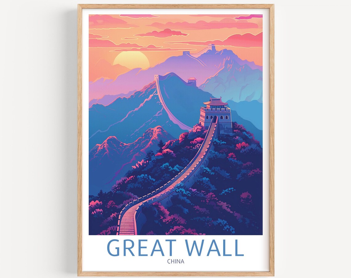 Great Wall Of China Sunset Mountain Vintage Travel Art Poster