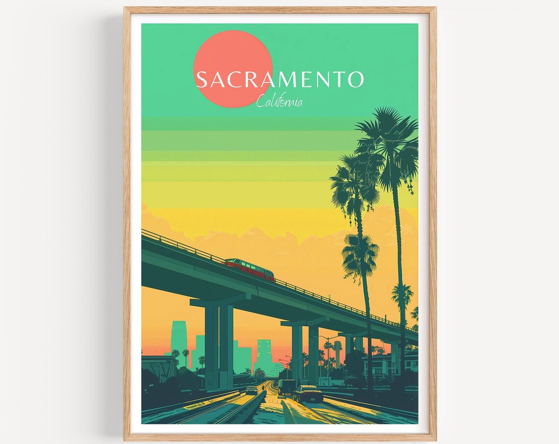 Sacramento California Retro Sunset Rail Bridge Travel Art Poster