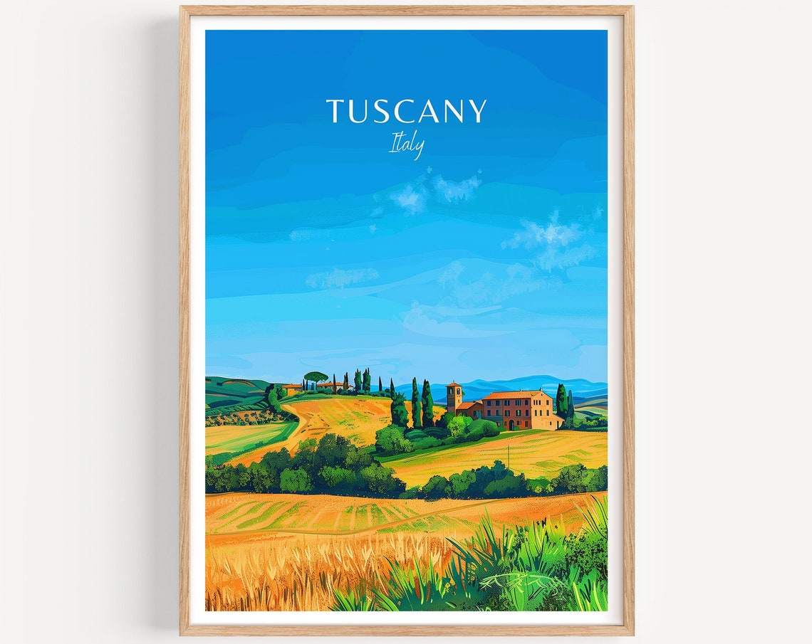 Tuscany Italy Golden Wheat Fields Hilltop Estate Travel Art Poster