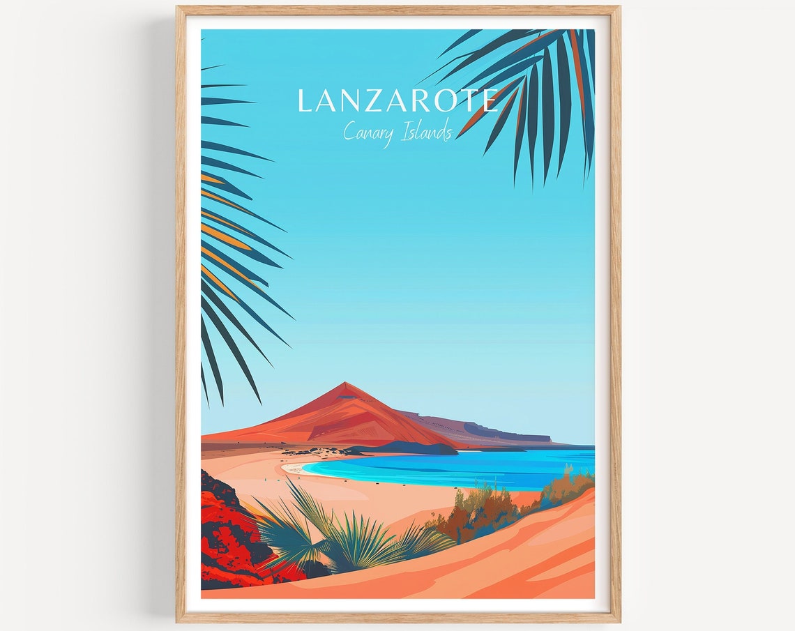 Lanzarote Canary Islands Red Volcano and Beach Travel Poster