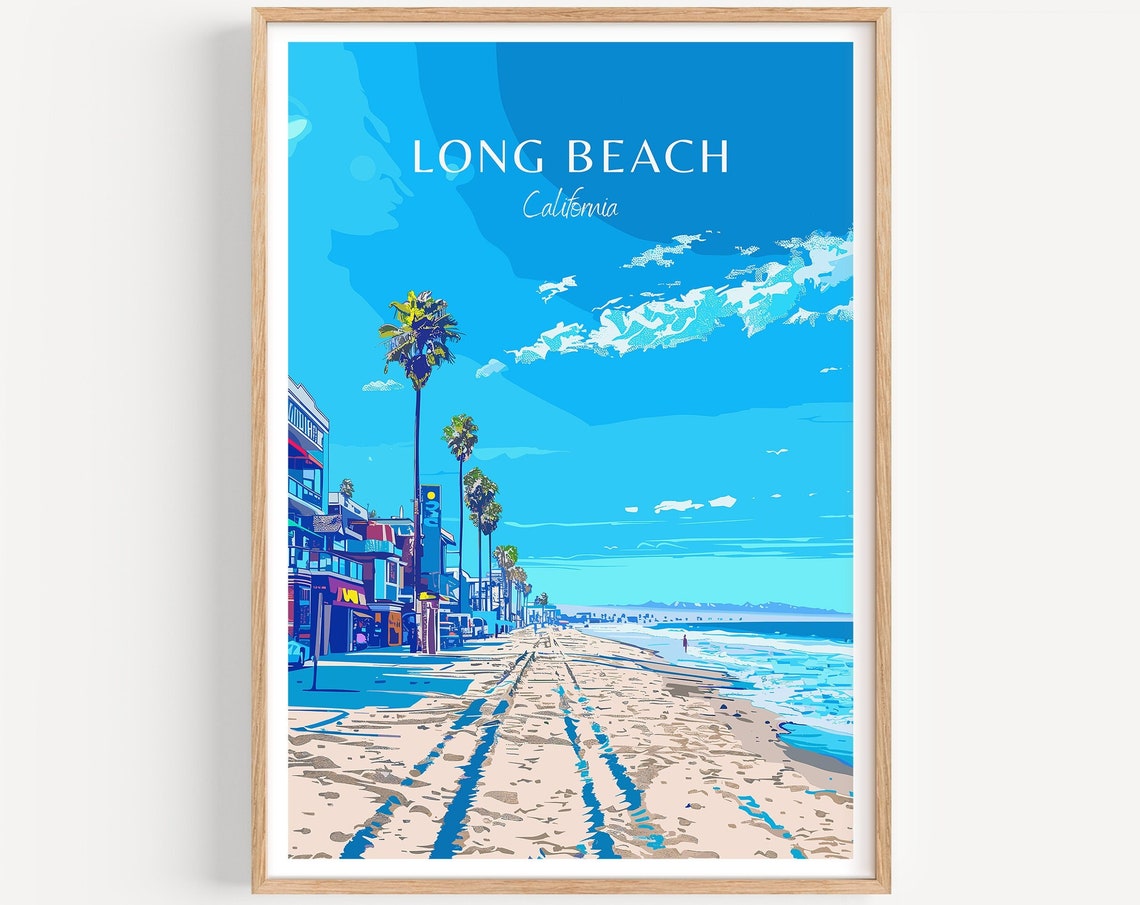 Long Beach California Travel Poster Beach Boardwalk Palms Ocean Art