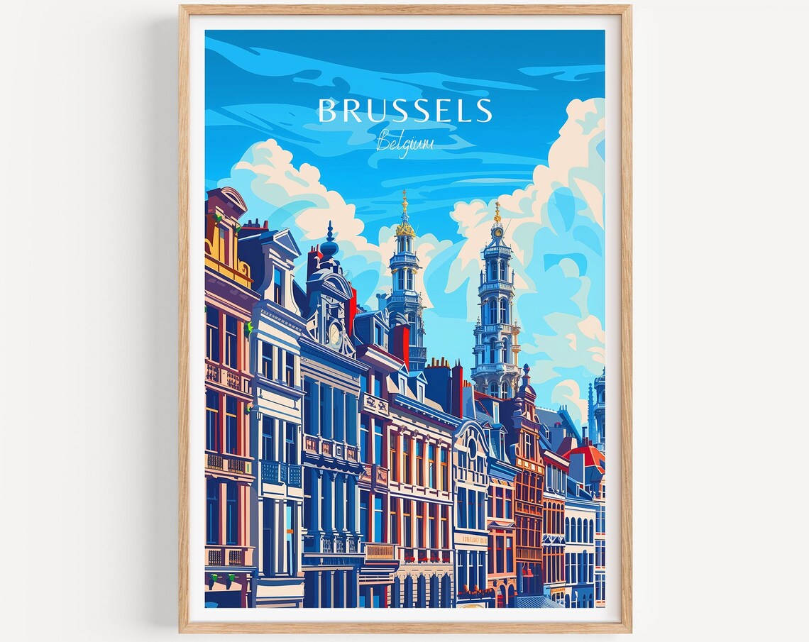 Brussels Belgium Guildhall Facades Bright Sky Vintage Travel Poster