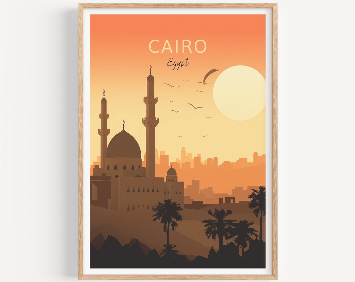 Cairo Egypt Poster Mosque Minarets Sunset Palm Silhouette Art