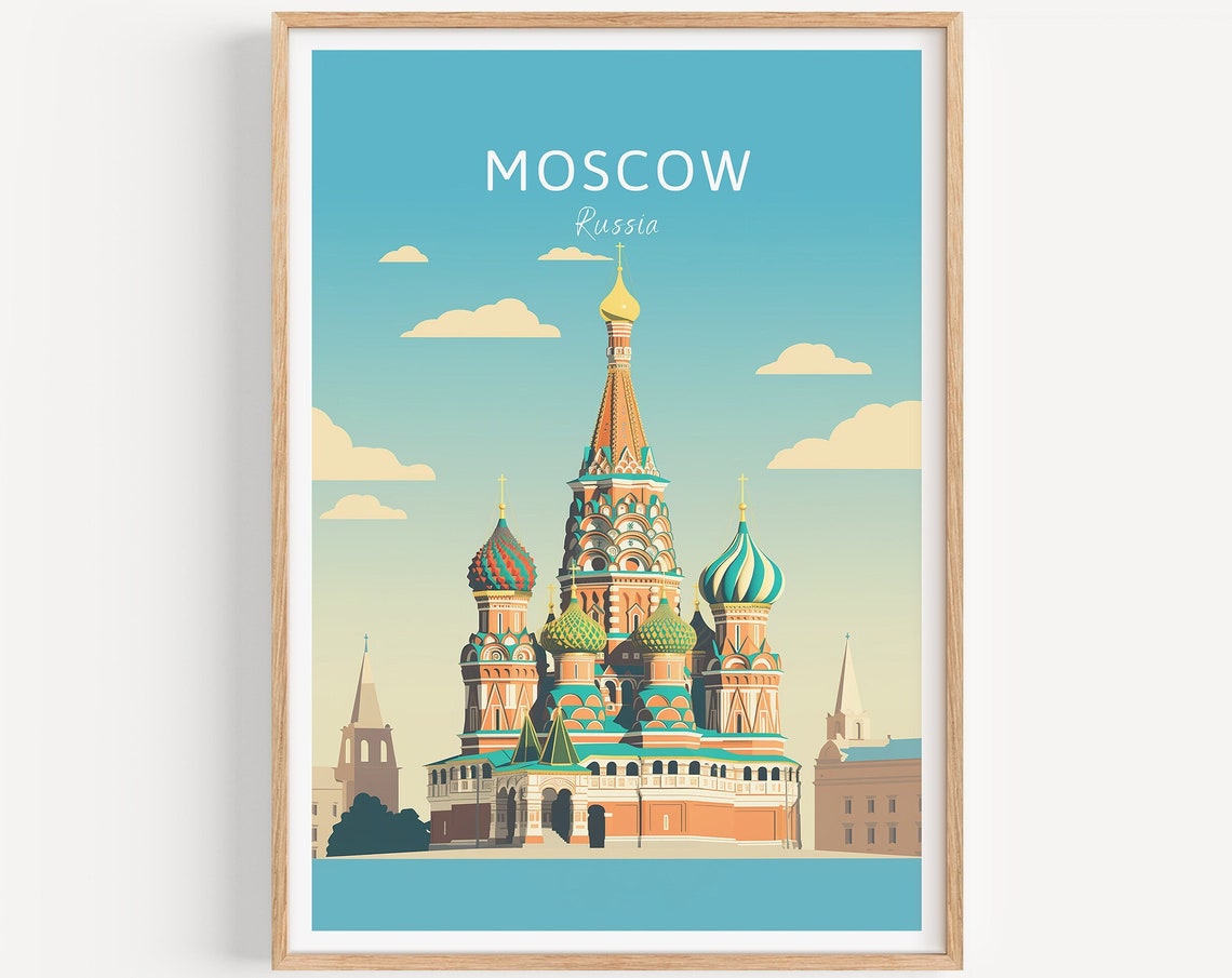 Moscow Russia Poster St Basils Cathedral Colorful Domes Scenic Art