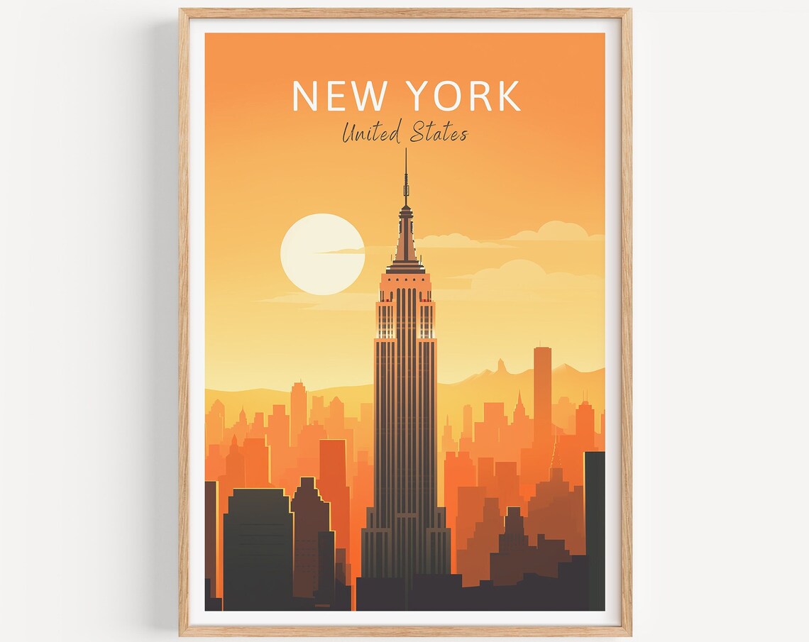 New York City Empire State Building Sunset Skyline Travel Poster