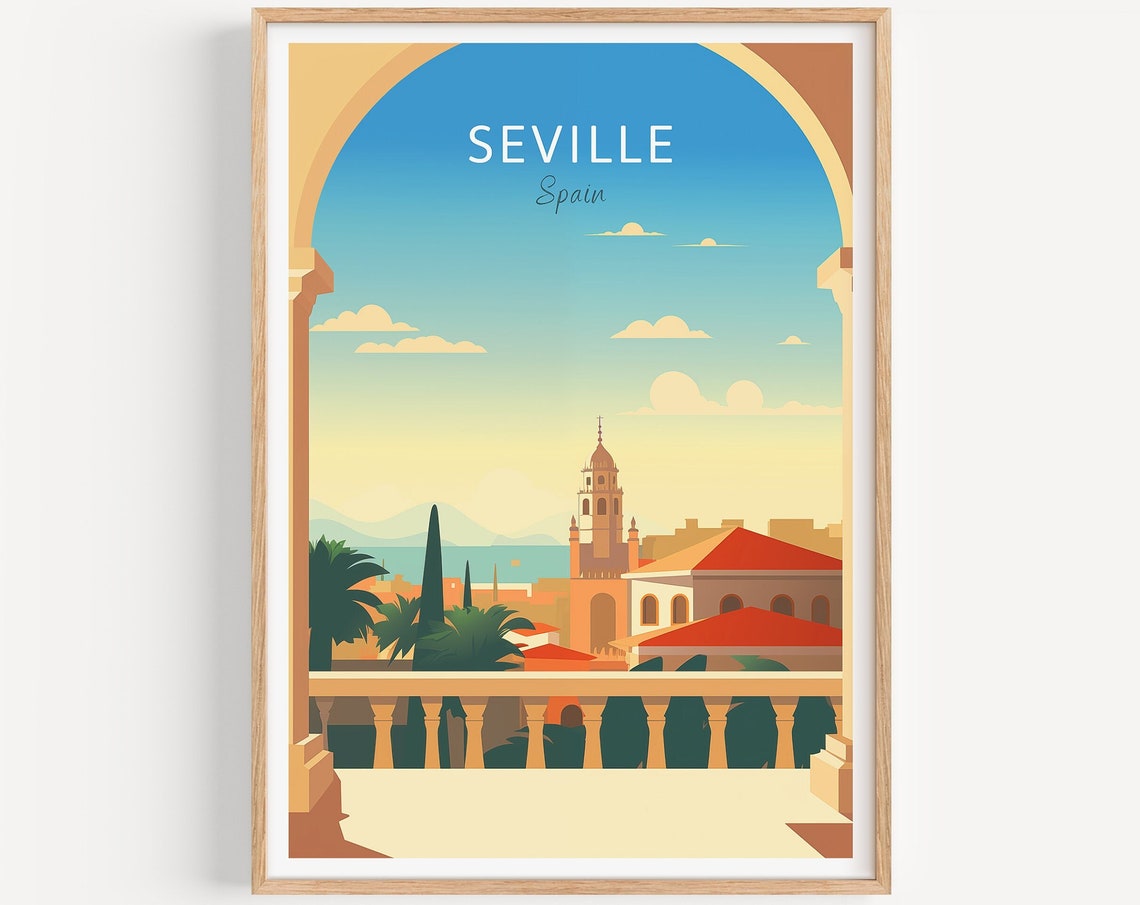 Seville Spain Balcony Arch View Bell Tower Illustrated Travel Poster