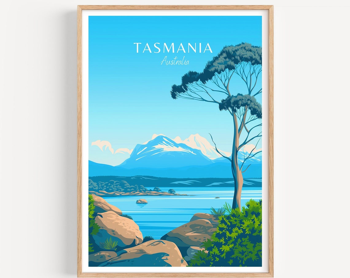 Tasmania Australia Snow Capped Mountain and Lake Landscape Poster
