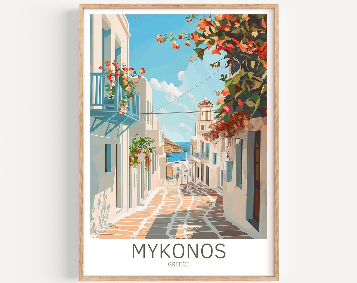 Mykonos Greece Flower Lined Cobblestone Street to the Sea Poster