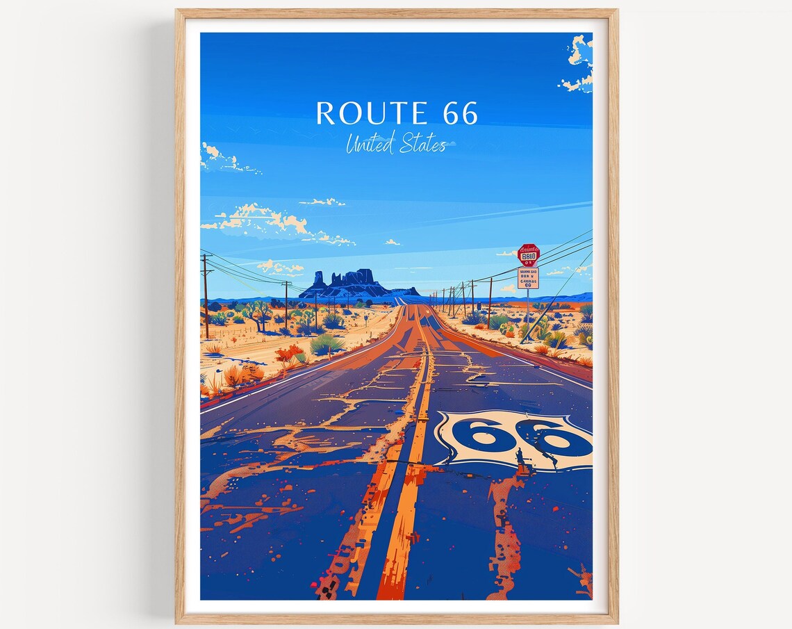 Route 66 USA Desert Highway Illustrated Vintage Travel Poster