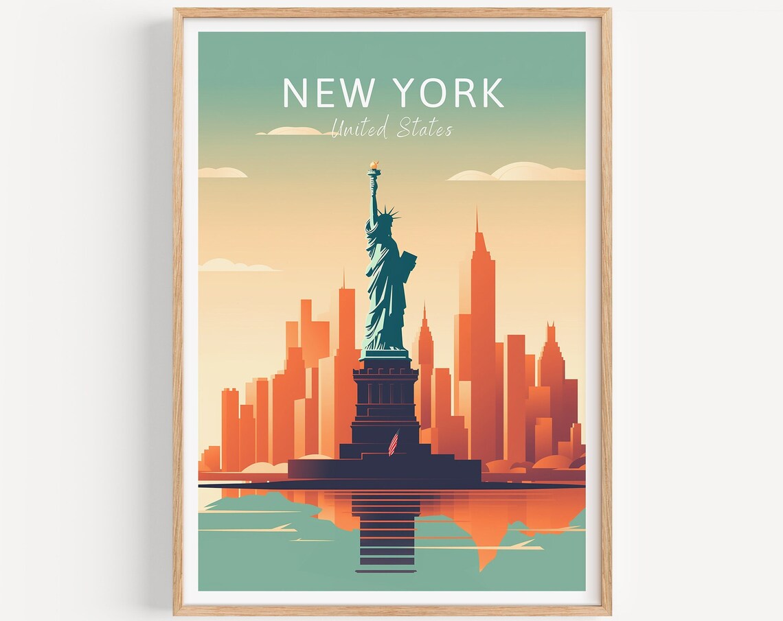 New York Poster Statue of Liberty Skyline Sunset Harbor View Art