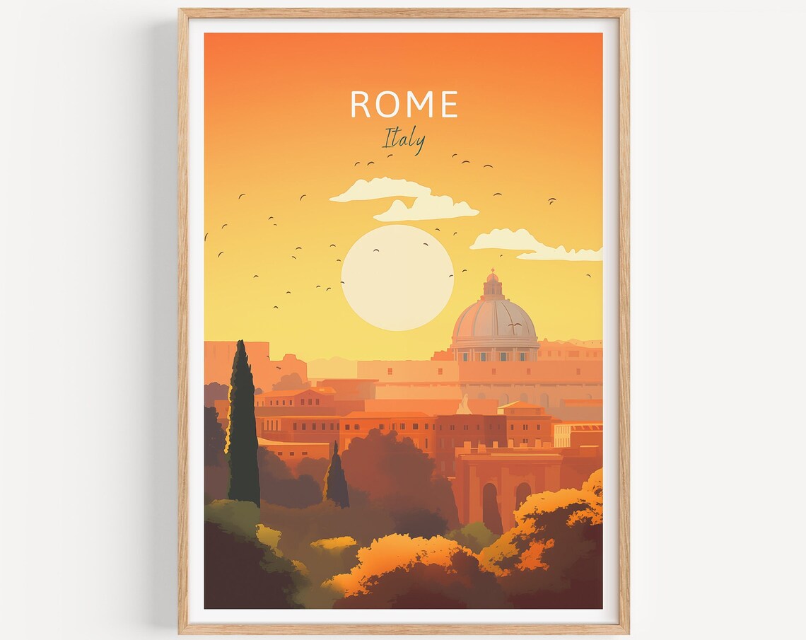 Rome Italy Sunset Skyline Vintage Travel Golden Hour City Wall Poster