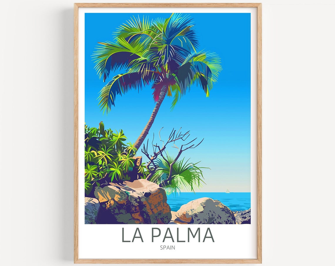 La Palma Spain Lone Palm Rocky Coast Seaside Travel Art Poster