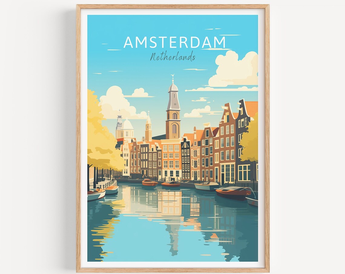Amsterdam Netherlands Canal Gabled Houses Vintage Travel Poster