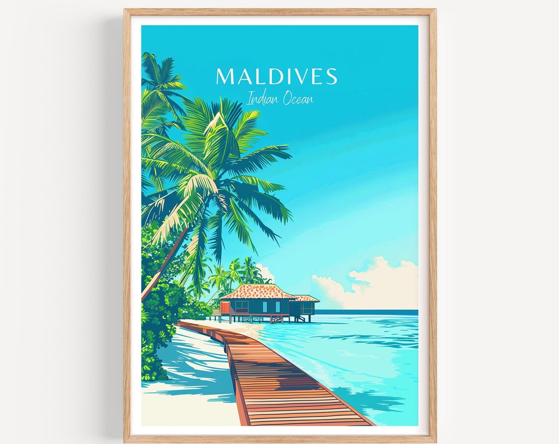 Maldives Indian Ocean Wooden Walkway Palm Island Resort Travel Poster