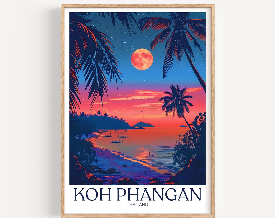Koh Phangan Thailand Moonlit Beach Sunset Vintage Travel Poster
