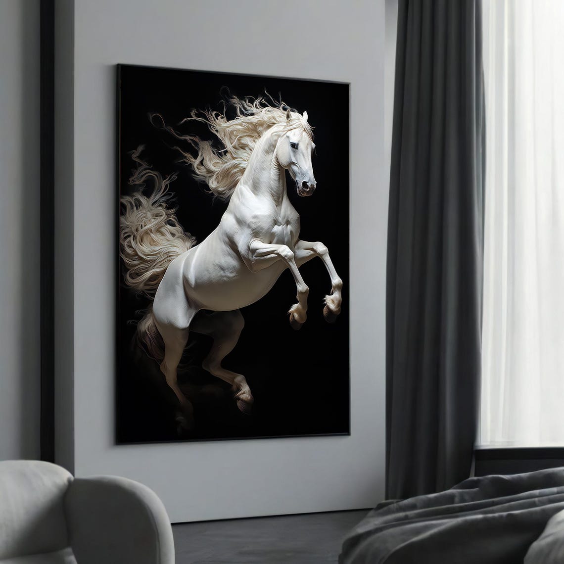 White Stallion Rearing Black Background Dramatic Horse Poster