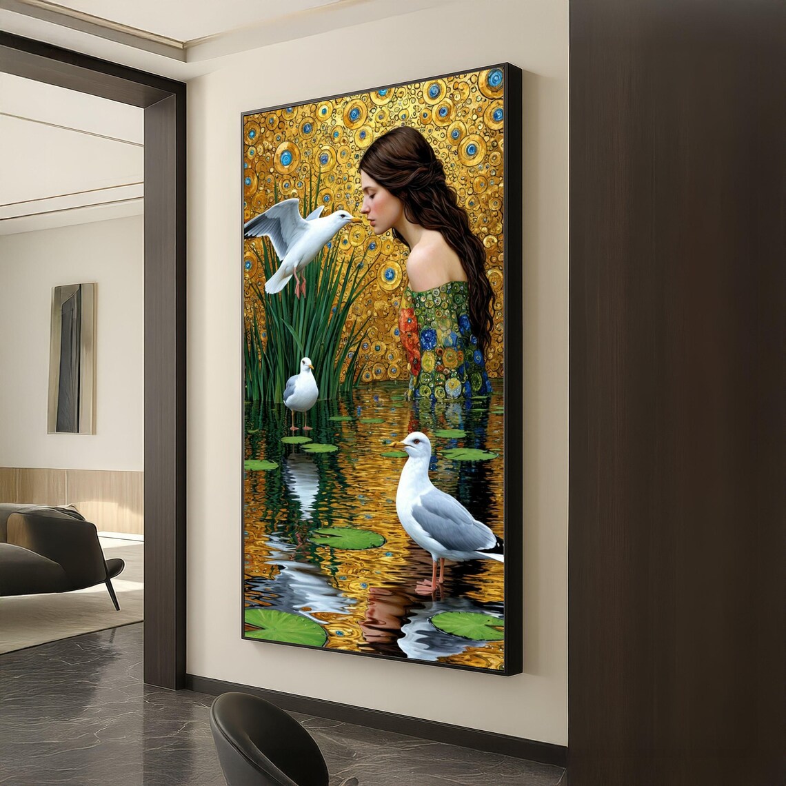 Golden Woman Seagulls Lily Pond Klimt Style Mosaic Nature Art Poster