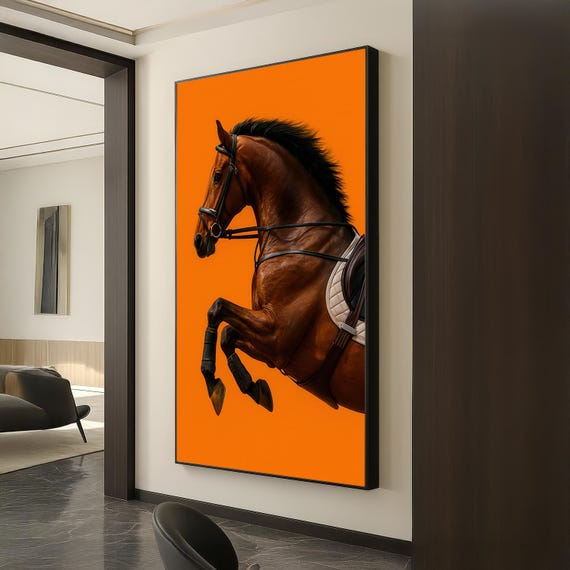 Jumping Horse Portrait Canvas Bold Equestrian Wall Art Modern Animal Print With Orange Background Minimalist Decor