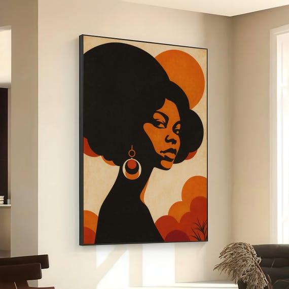 Retro Afro Woman Portrait Canvas Mid Century Modern Wall Art Abstract Black Print Bold African Home Decor Statement