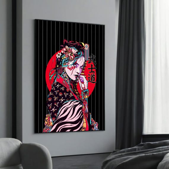Colorful Samurai Woman With Floral Accents And Red Sun Bold Artistic Canvas Painting Unique Gift For Modern Home Decor