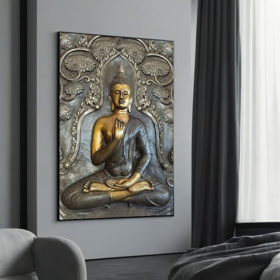 Gold and Silver Buddha Relief Statue in a Carved Ornate Arch Poster