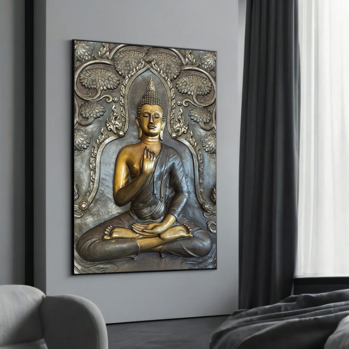 Gold and Silver Buddha Relief Statue in a Carved Ornate Arch Poster