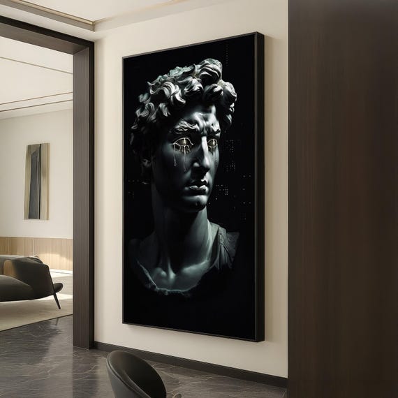 Modern David Sculpture Canvas Crying Eyes Art Dark Moody Wall Contemporary Home Decor Emotional Statue