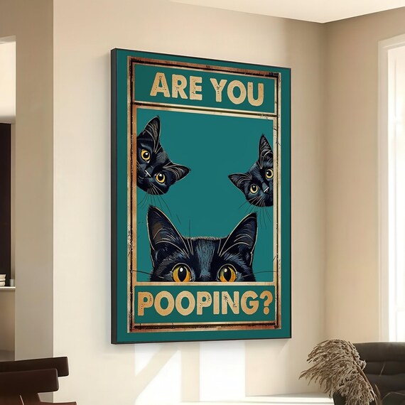 Funny Cat Pooping Sign Canvas Black Cats Wall Art Humorous Pet Bathroom Decor Quirky Animal Ready To Hang Home Decoration