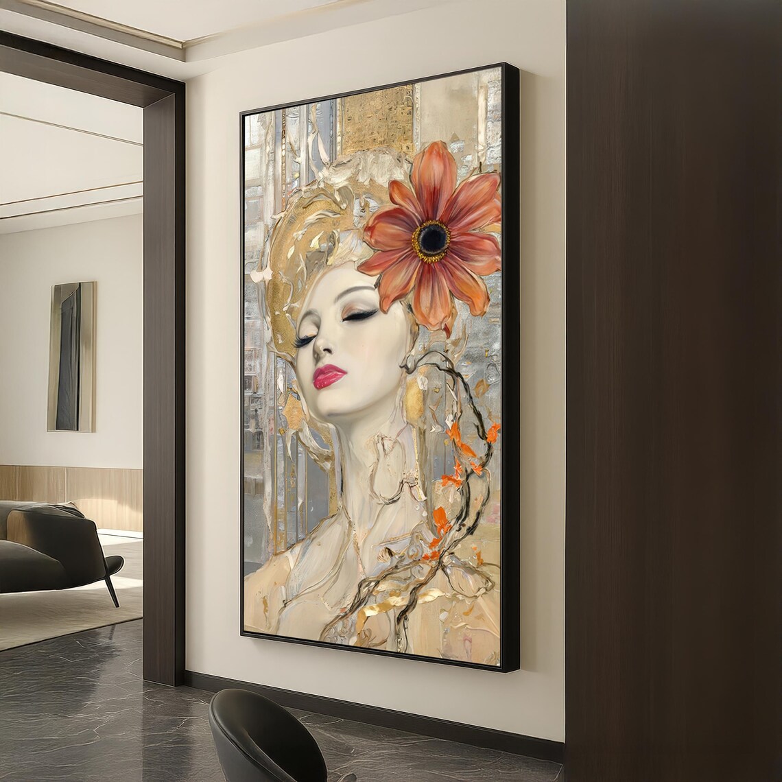 Woman Portrait Large Orange Flower Gold Impasto Glam Art Poster
