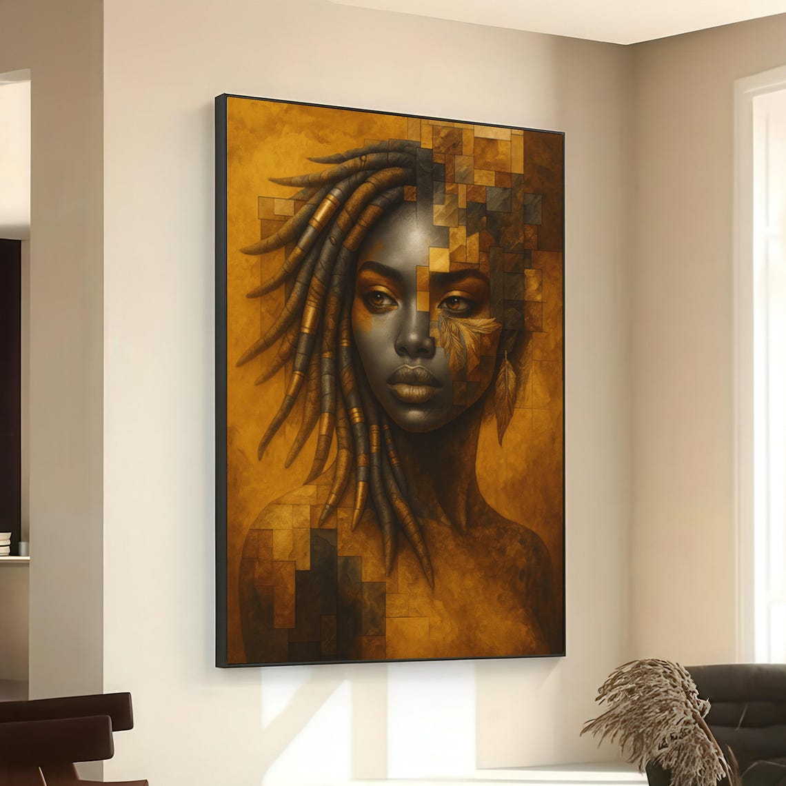 Abstract Afrocentric Woman Portrait Canvas Geometric Face Art Brown And Gold Wall Decor Modern Ethnic Unique Home Decoration