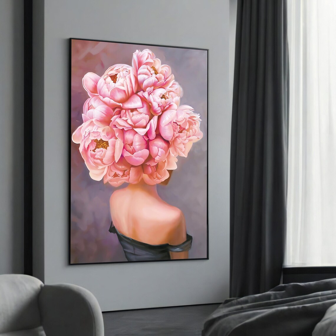 Pink Peony Head Woman Surreal Floral Bloom Back Portrait Wall Art