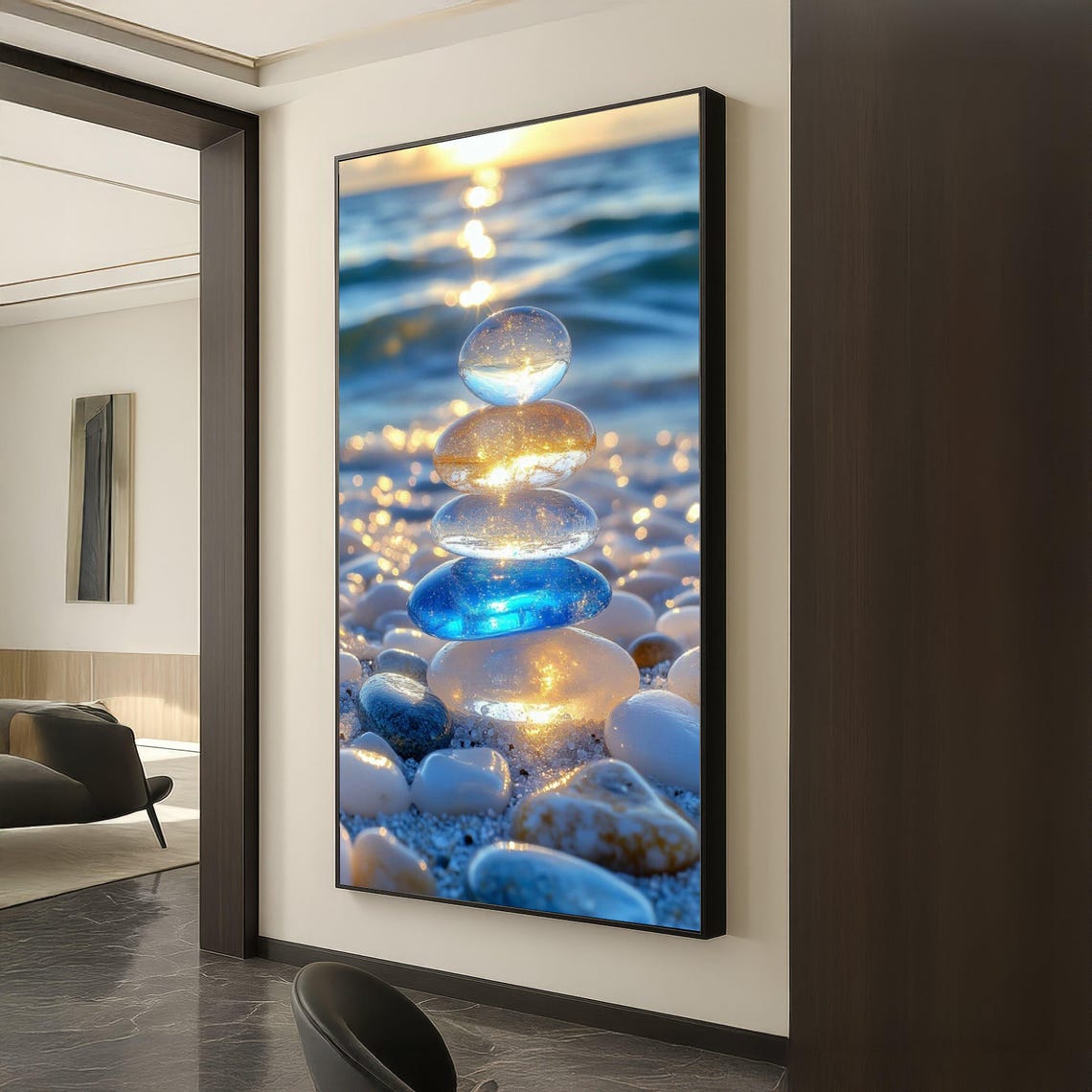 Stacked Glass Pebbles on Beach, Coastal Wall Art Print