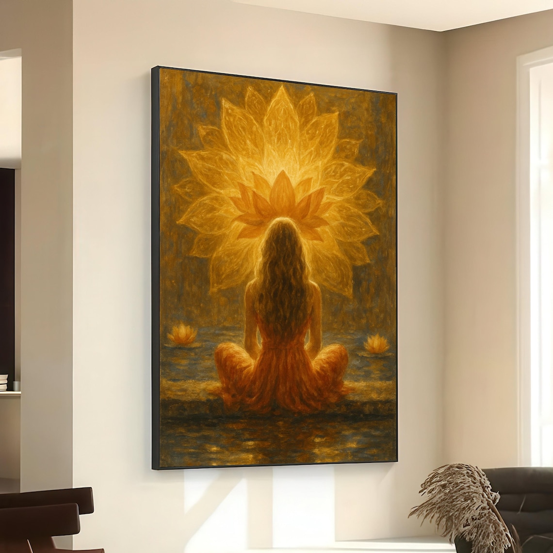 Meditating Woman with Glowing Golden Lotus Radiant Spiritual Yoga Wall Poster