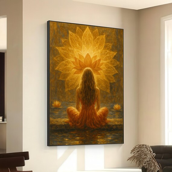 Meditating Woman with Glowing Golden Lotus Radiant Spiritual Yoga Wall Poster