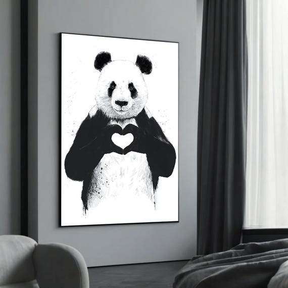 Cute Panda With Heart Gesture Minimalist Black And White Canvas Art For Home Decor Gift Ideas